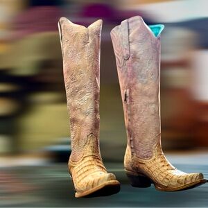 Corral Coral Caiman Embroidered Tall Top Western Boots